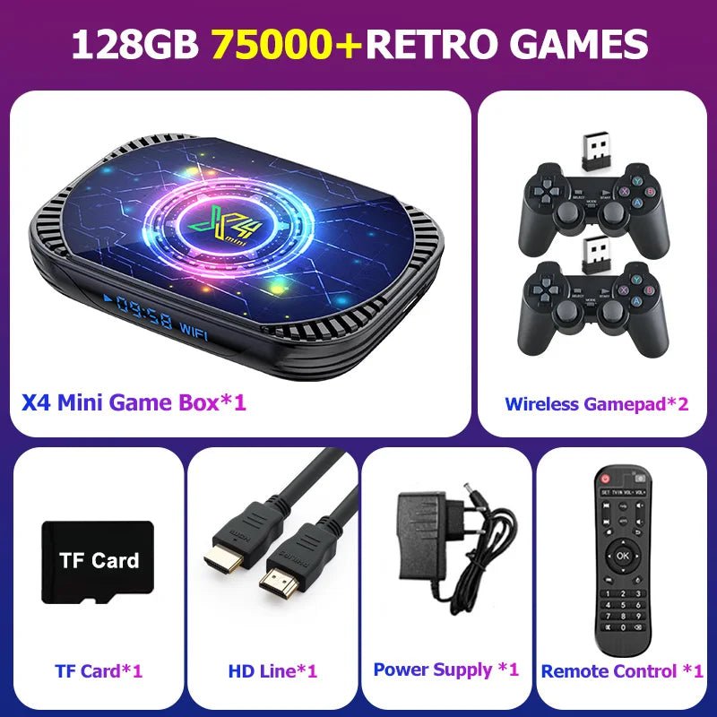 TSINGO Arcade Games Console X4 Mini Built - in 90000 Games 80+Emulators For SS/DC/MAM/C64 Dual System S905X4 CPU 4K HD WiFi TV Box - Fourdemall