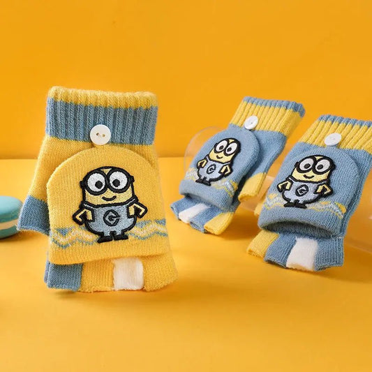 Minions Children's Knitted Gloves - Cartoon Flip Half - Finger Winter Warm Gift - Fourdemall