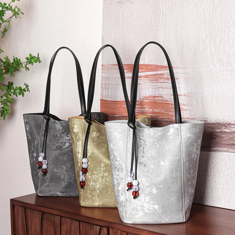 2024 New Design Fashion Ladies Large Tote Genuine Leather Silver Women Handbags Large Casual Shoulder Bag Luxury Brand Purse - Fourdemall