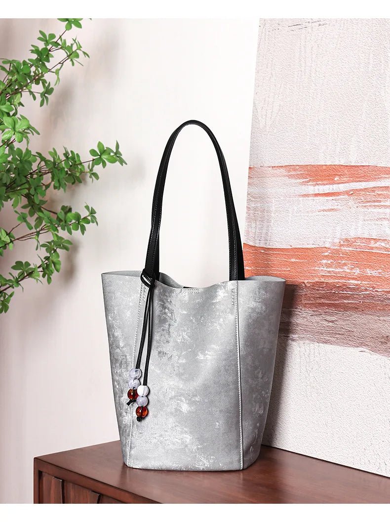 2024 New Design Fashion Ladies Large Tote Genuine Leather Silver Women Handbags Large Casual Shoulder Bag Luxury Brand Purse - Fourdemall