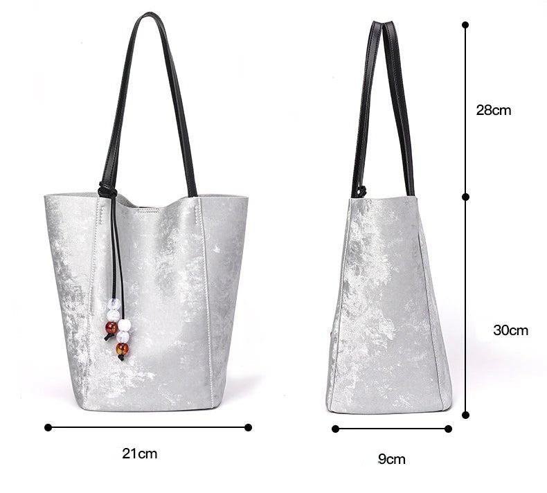 2024 New Design Fashion Ladies Large Tote Genuine Leather Silver Women Handbags Large Casual Shoulder Bag Luxury Brand Purse - Fourdemall