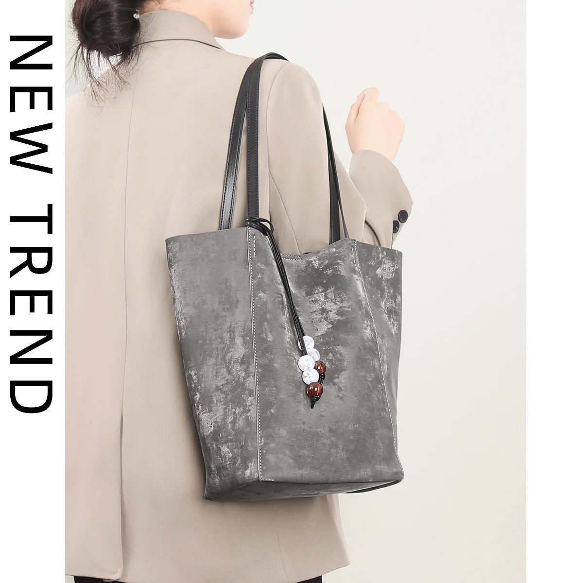 2024 New Design Fashion Ladies Large Tote Genuine Leather Silver Women Handbags Large Casual Shoulder Bag Luxury Brand Purse - Fourdemall