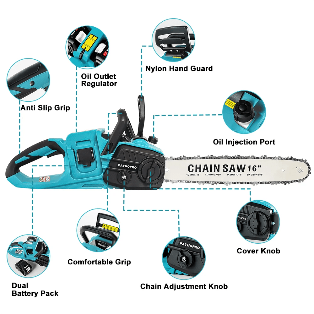 42V (21V*2) Brushless 16 Inch Cordless Electric Chainsaw Woodworking Handheld Garden Cutting Power Tools For Makita 18V Battery - Fourdemall