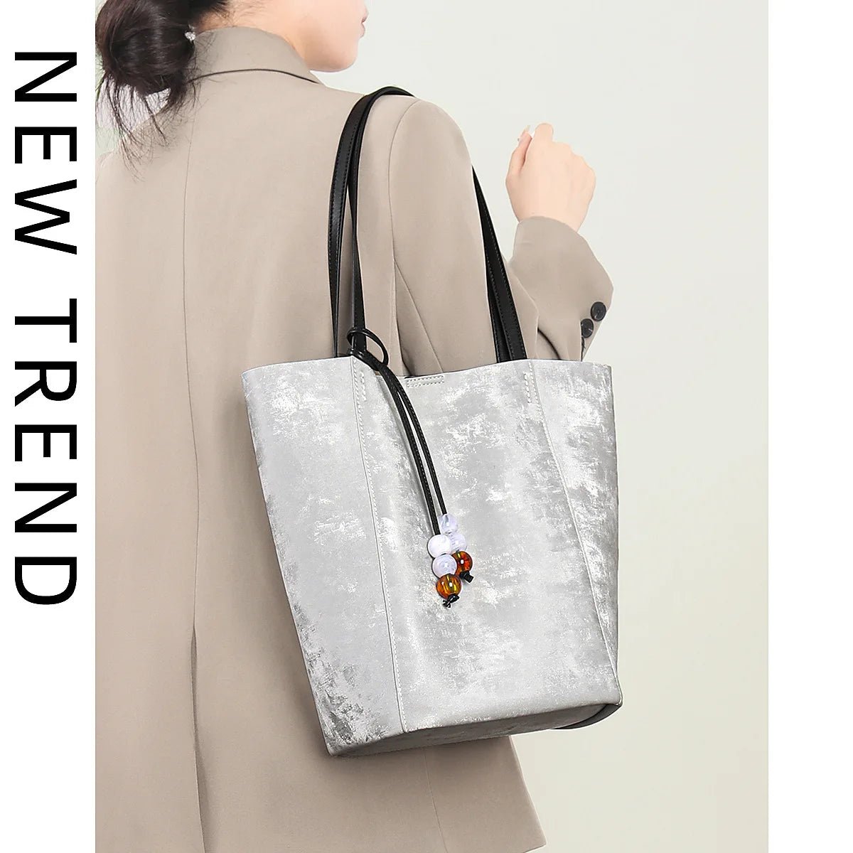 2024 New Design Fashion Ladies Large Tote Genuine Leather Silver Women Handbags Large Casual Shoulder Bag Luxury Brand Purse - Fourdemall